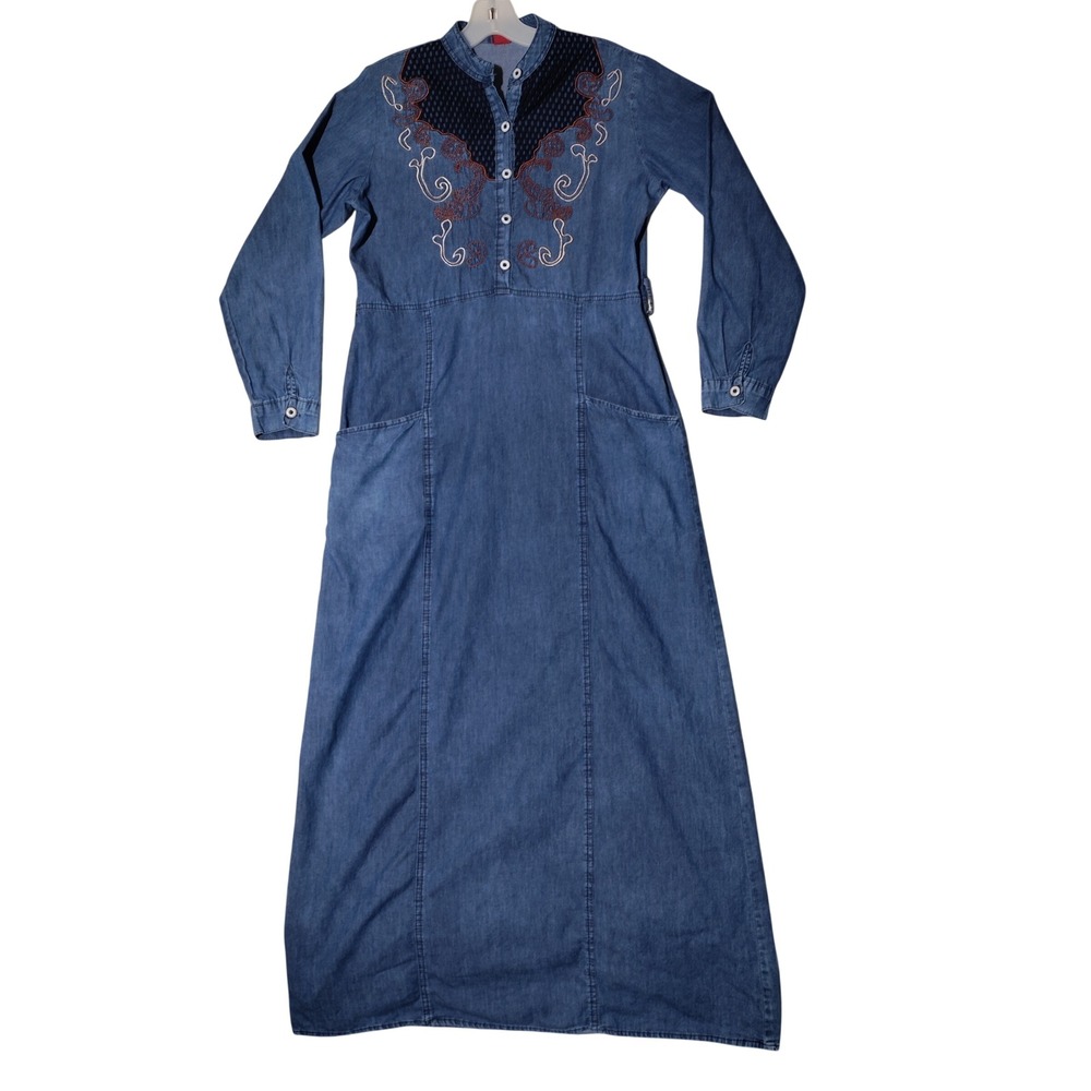 DECOY Sz 46 Denim Maxi Dress Long Sleeve Button Front Pockets Made in Turkey - Picture 1 of 11